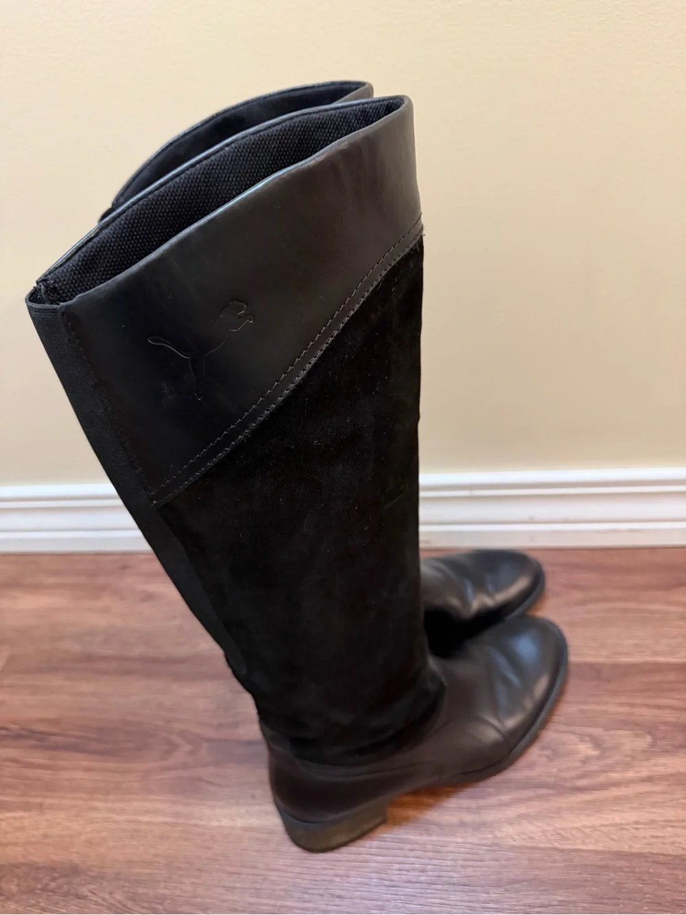 Puma Black Leather and Suede Over-The-Knee Boots